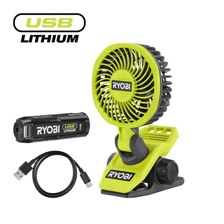 RYOBI 4 V USB Akku-Clip Ventilator, inkl. 1 x 4 V 2,0 Ah Akku und USB-C Ladekabel