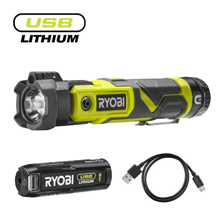 RYOBI 4 V USB Akku-Taschenlampe, schwenkbar, Lumen 640, inkl. 1 x 4 V 2,0 Ah Lithium Akku und USB-C Ladekabel